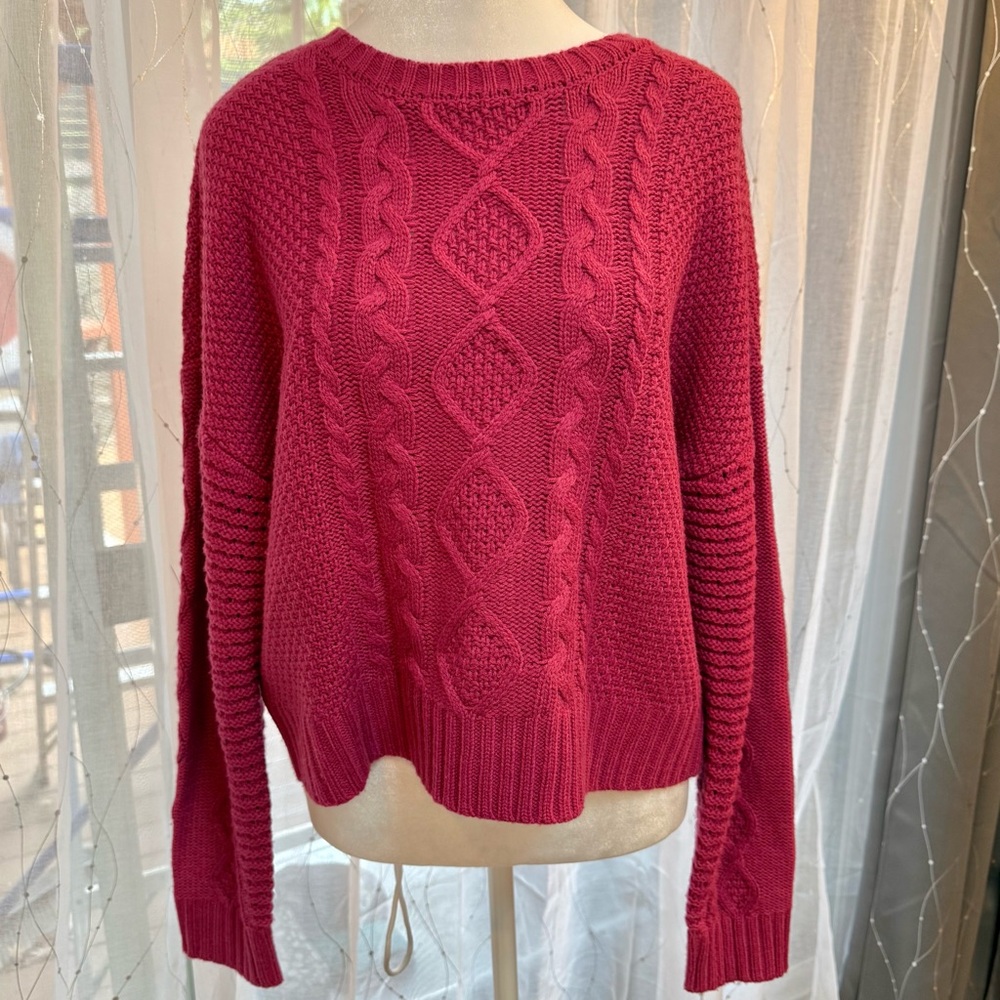 Sanctuary Cable Knit Sweater Cropped Crew Neck Long Sleeve Red/Purple Sz M‎